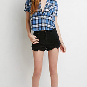 Blue and White Crop Checked Flannel Blouse