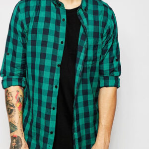 Greenish Blue and Black Checked Flannel Shirt
