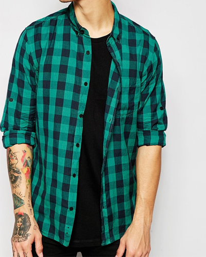Greenish Blue and Black Checked Flannel Shirt