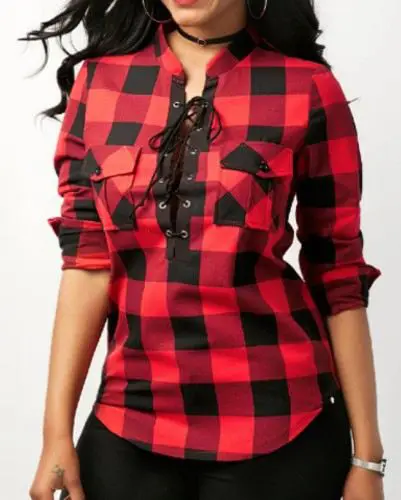 Wholesale Women Cotton Lace up Flannel Plaid Shirt